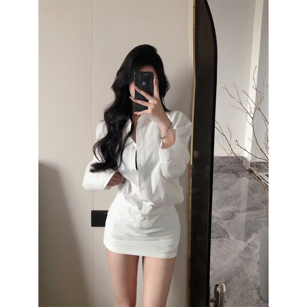 [Cream Winnie]Gaun kemeja kerah longgar gaya Korea rok pendek pelangsing pinggang wanita