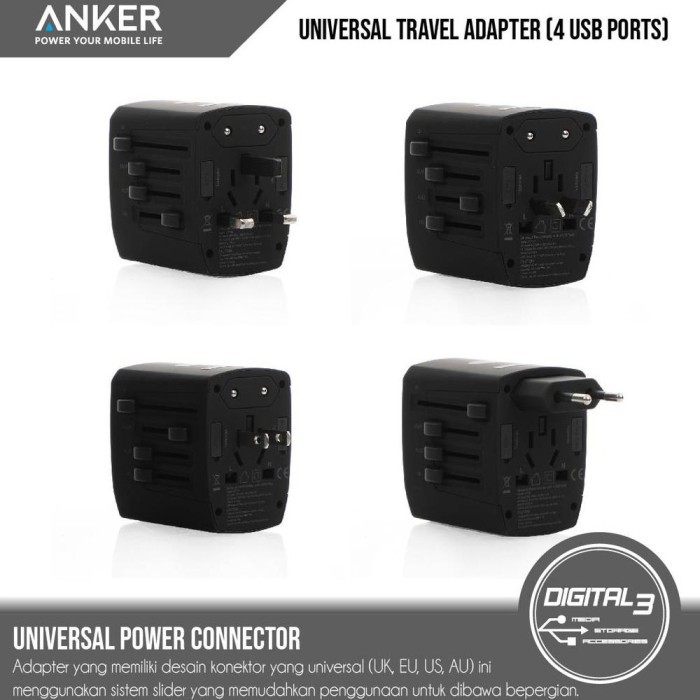 Vini Anker Universal Travel Adapter Charger Plus 4 Usb Ports Adaptor A2730