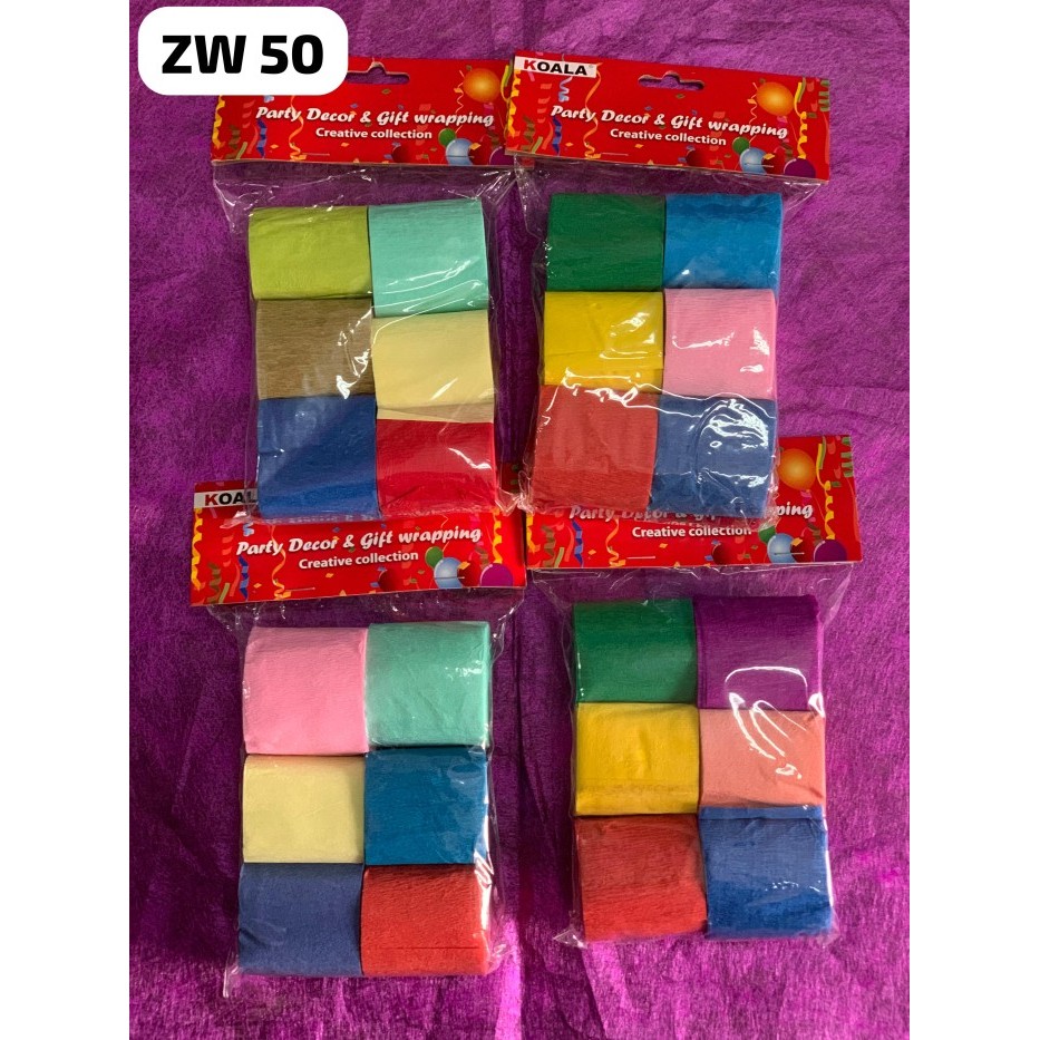 

```````] kertas krep gulungan mixed warna 5 cm atau 3.5 cm satuan panjang 10 meter import dekorasi