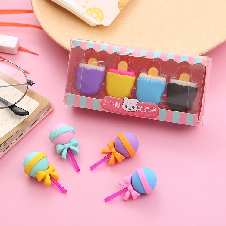 

HC Penghapus 4 Pcs / Set Lucu Bentuk Es Krim Karet Hapus Lolipop Donat Pensil Karakter Sweet Eraser