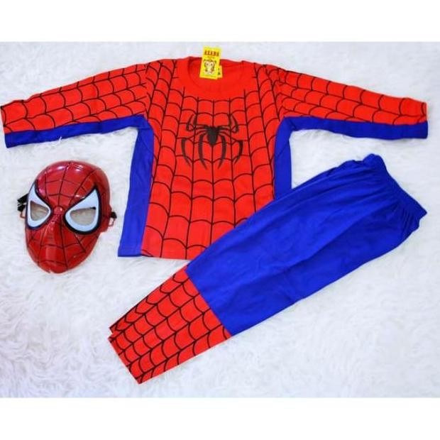 CR - 1paket baju + topeng spiderman merah biru- kostum spiderman - baju kostum anak - baju spiderman