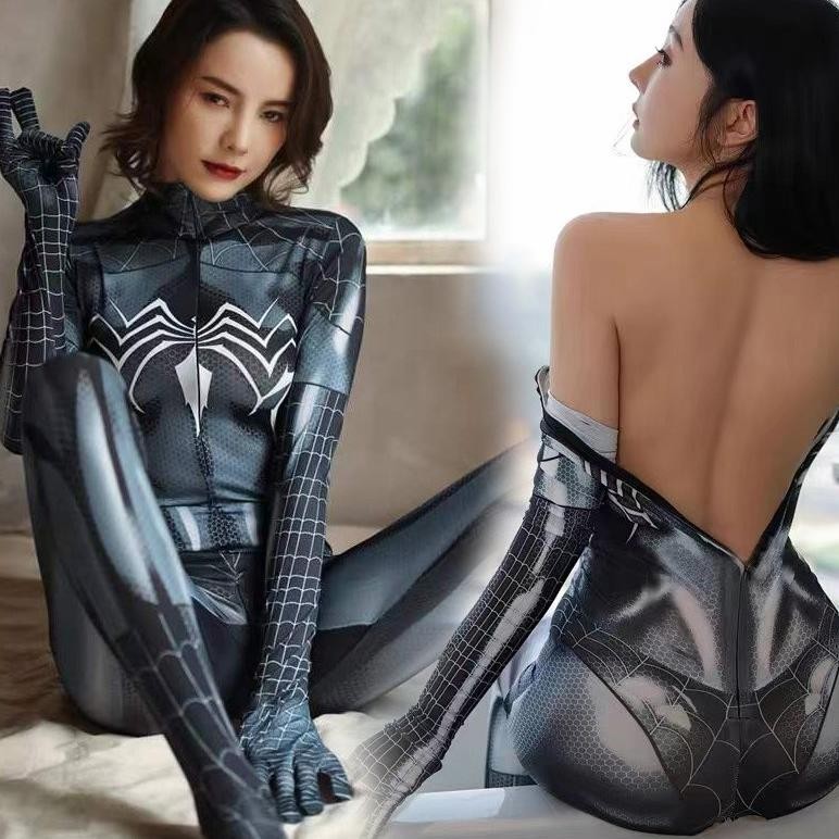 CR - Kostum Cosplay Black Spiderman bodysuit kostum wanita dewasa TERLARIS