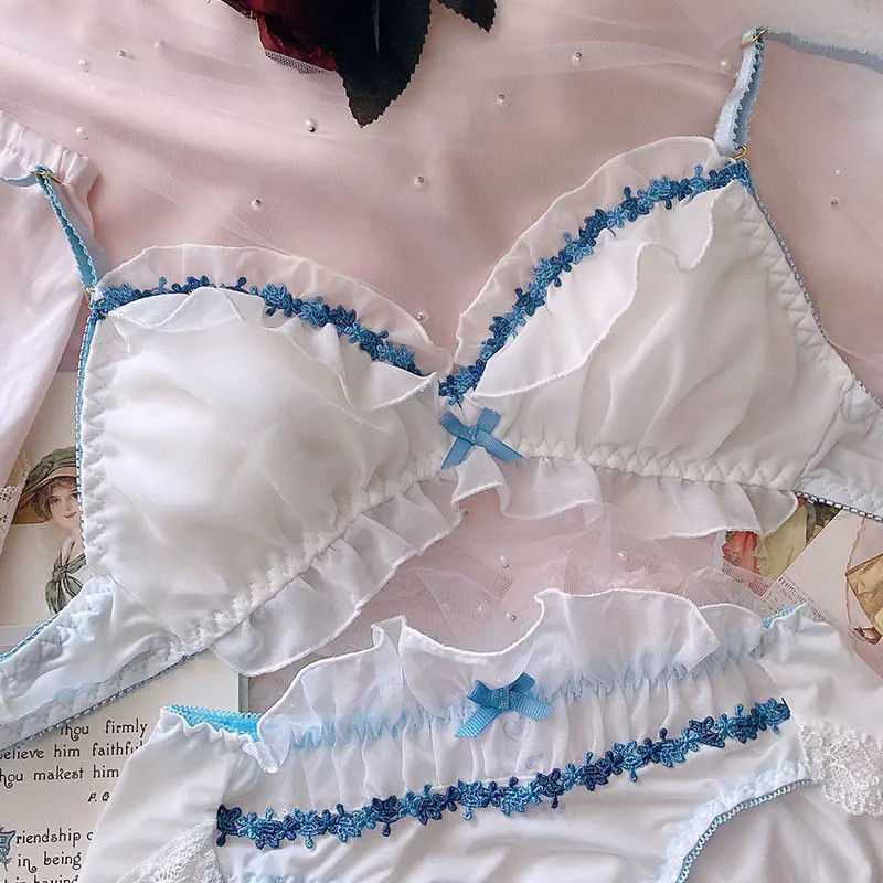 Japanese Underwear Set Lolita Bra and Panty Fairy Sweet Lace Petal Sexy Thin Pure Desire Wire Free T