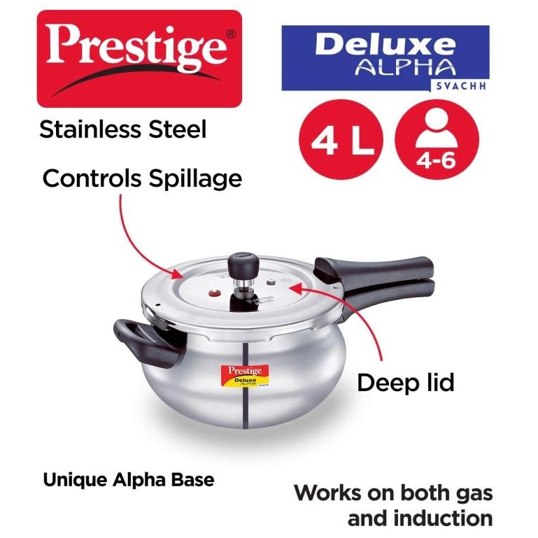 Ready stock] Pressure Cooker 4L PRESTIGE DELUXE ALPHA Svachh Stainless Steel