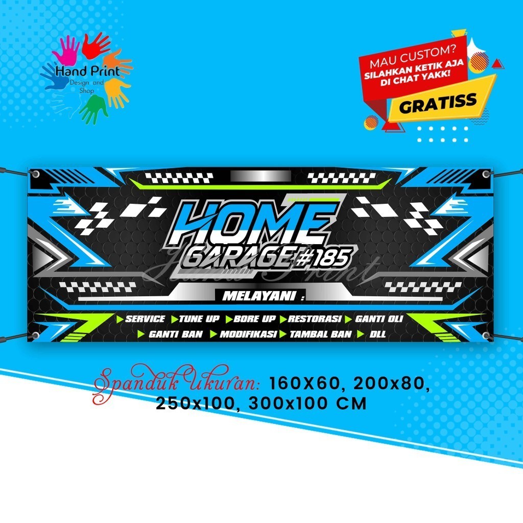 SPANDUK BANNER Home Garage Racing Biru MMT Spanduk Custom 300x100CM