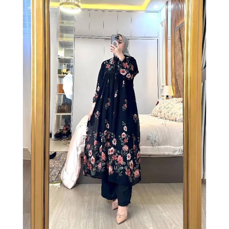 ONE SET TUNIK WANITA BAHAN CERUTY KULOT CRINKLE, NEW SETELAN WANITA MOTIF PREMIUM LD JUMBO