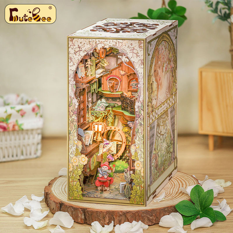 CUTEBEE Elven Paradise DIY Book Nook dengan Lampu LED dan Penutup Debu, Rak Buku Kayu 3D Penahan Buk
