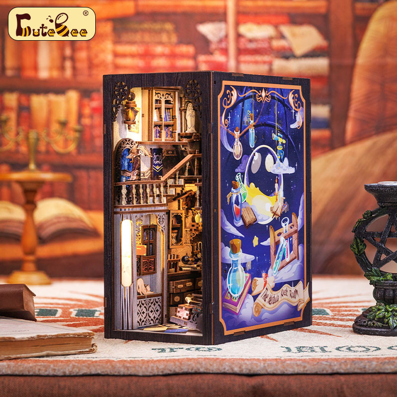 CUTEBEE Nebula Common Room DIY Book Nook dengan Lampu LED dan Penutup Debu, Rak Buku Kayu 3D Penahan