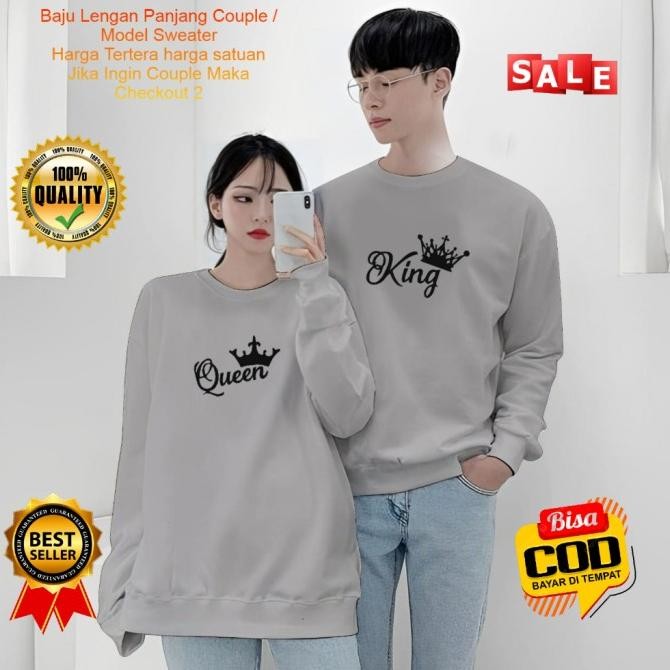 Kaos Couple Lengan Panjang King Queen / Baju Lengan Panjang Pasangan / Kaos Atasan Pria Wanita Kapel