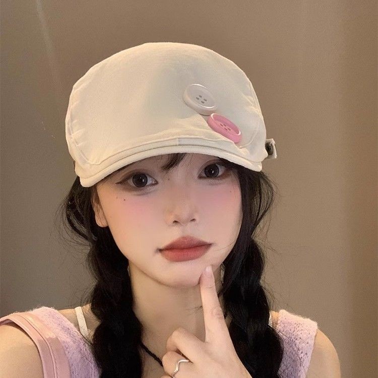 Topi Baret Jepang Lucu untuk Wanita, Topi Baret Putih Tampak Wajah Gaya Korea Musim Panas, Topi