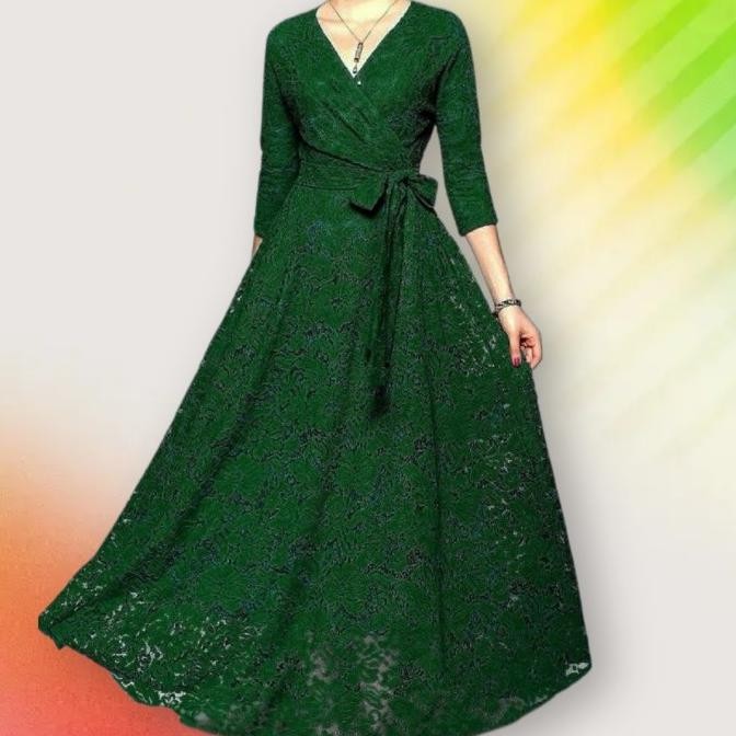 Gamis hana dress hijau botol Baju pesta brukat jumbo murah ich at H85S