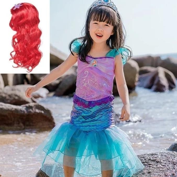 READY STOCK FIX PAKET WIG MERAH ARIEL MERMAID BONUS MAHKOTA TONGKAT 