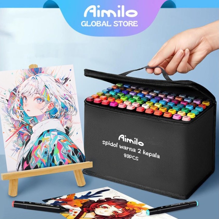 

[Ready] Aimilo Spidol Warna Warni 1 Set Sketch Marker 2 Tip Touch Marker 48/60/80 Warna