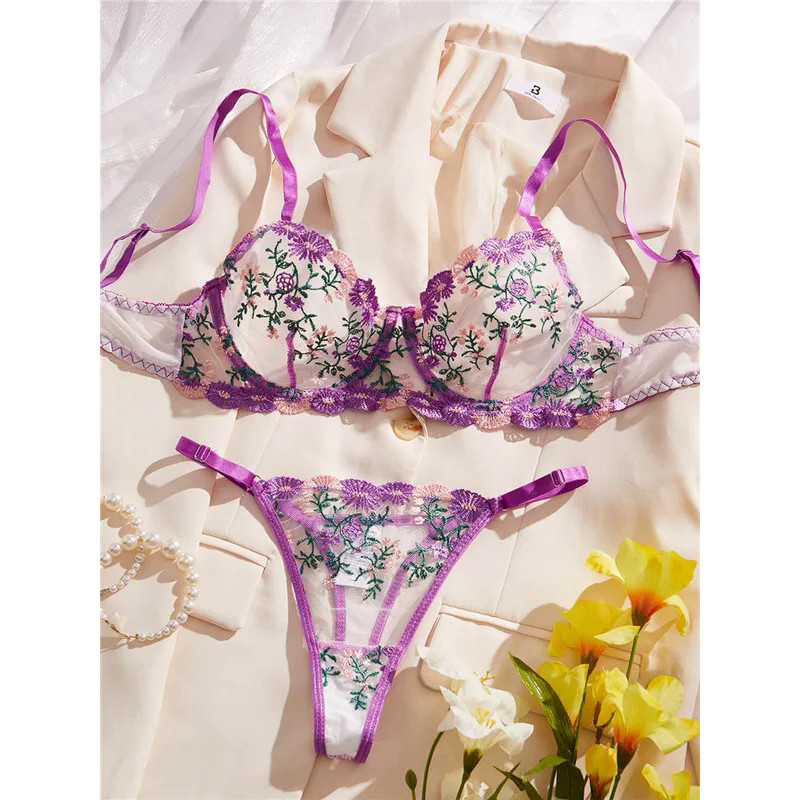 Women Sexy Bra Brief Sets Embroidery Flowers Romantic Lingerie Purple Transparent Lace Underwear Tho