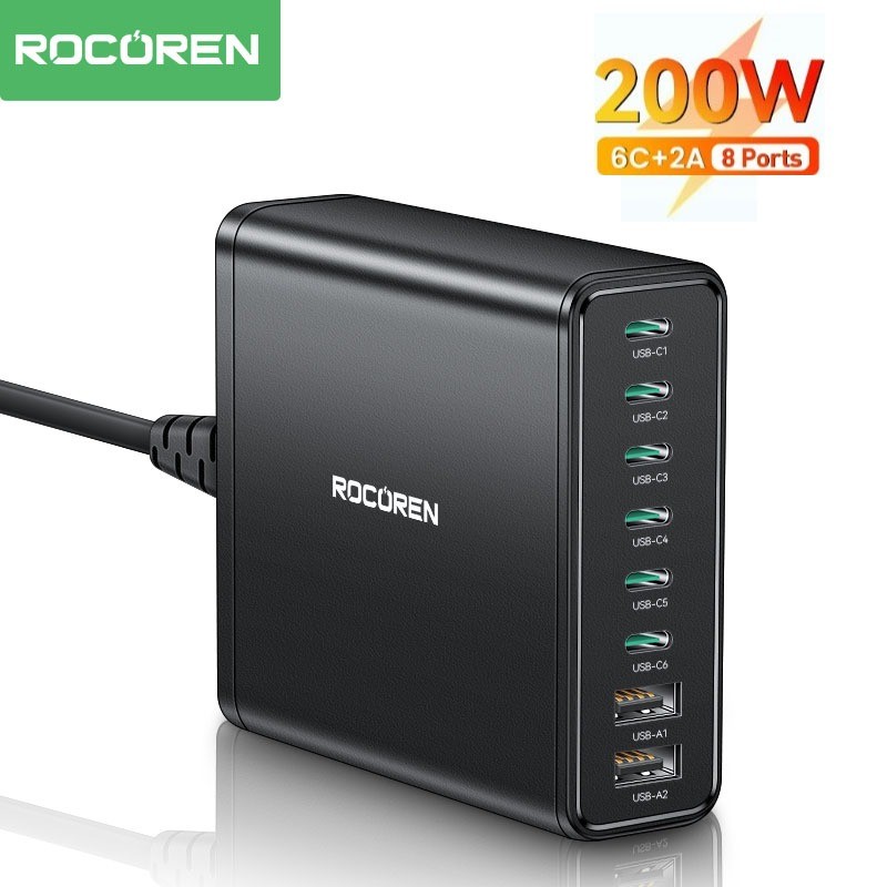 <Rocoren> 200W USB C Desktop Cepat 8-in-1 Stasiun Pengisian Tipe-C Huawei Samsung Android Charger Ph