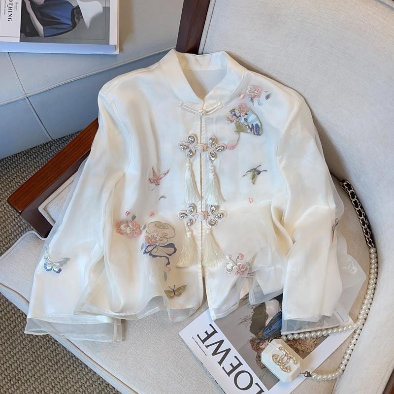 Kemeja Gaya China Wanita Baru2024Jaket Baru Kerah Berdiri Hanfu Ditingkatkan