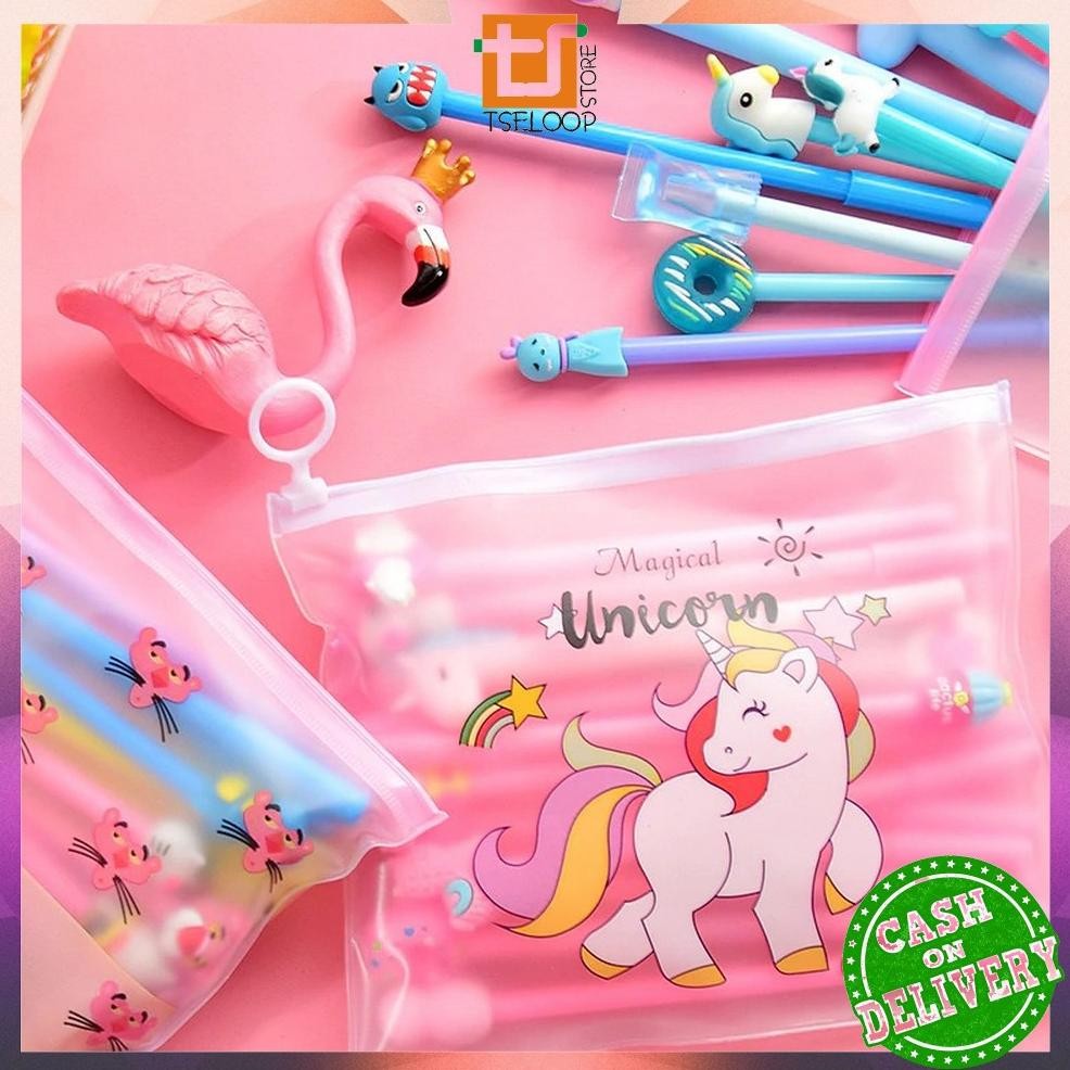 

Mega Sale OFM-A15 Pulpen Gel Karakter Lucu Set Isi 20PCS Pena FREE Zipper Pouch Tempat Pensil Transparan Murah Murah