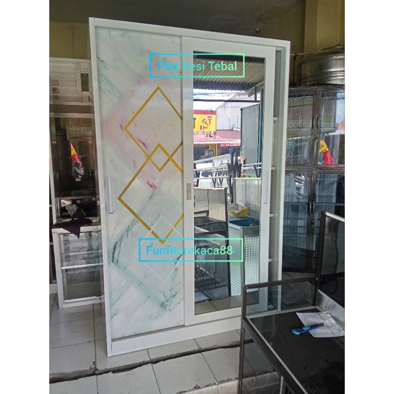 Lemari Baju Besi Pintu Geser Kaca Cermin 120cm