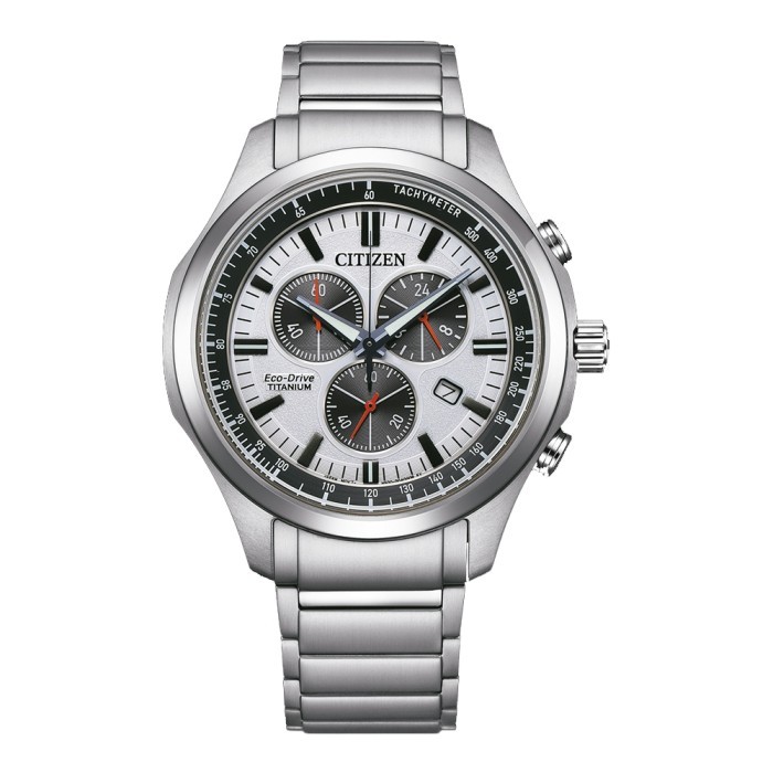 Jam Tangan CITIZEN Eco-Drive Pria CTZ AT2530-85A Chronograph White Dial Titanium Strap