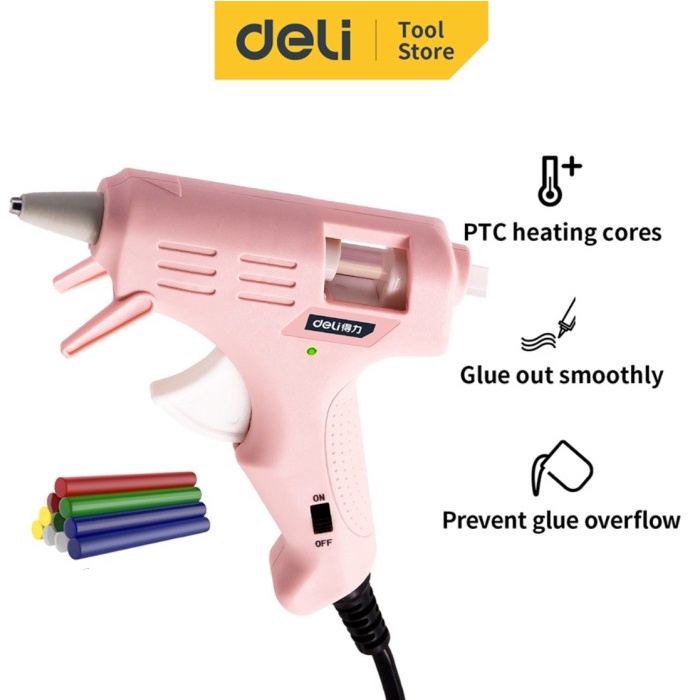 Deli Hot Melt Glue Gun / Lem Tembak 20w Gratis 10 Lem - Pink