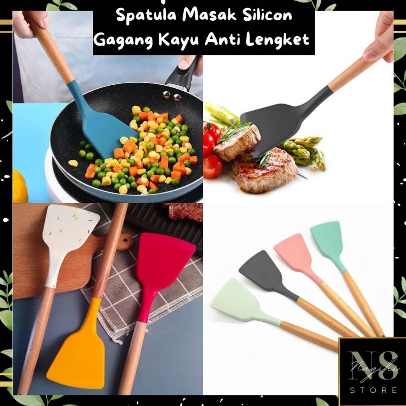 Spatula Silikon Gagang Kayu 32Cm / Sutil Masak Untuk Goreng Tumis Tahan Panas Anti Baret / Silicone 