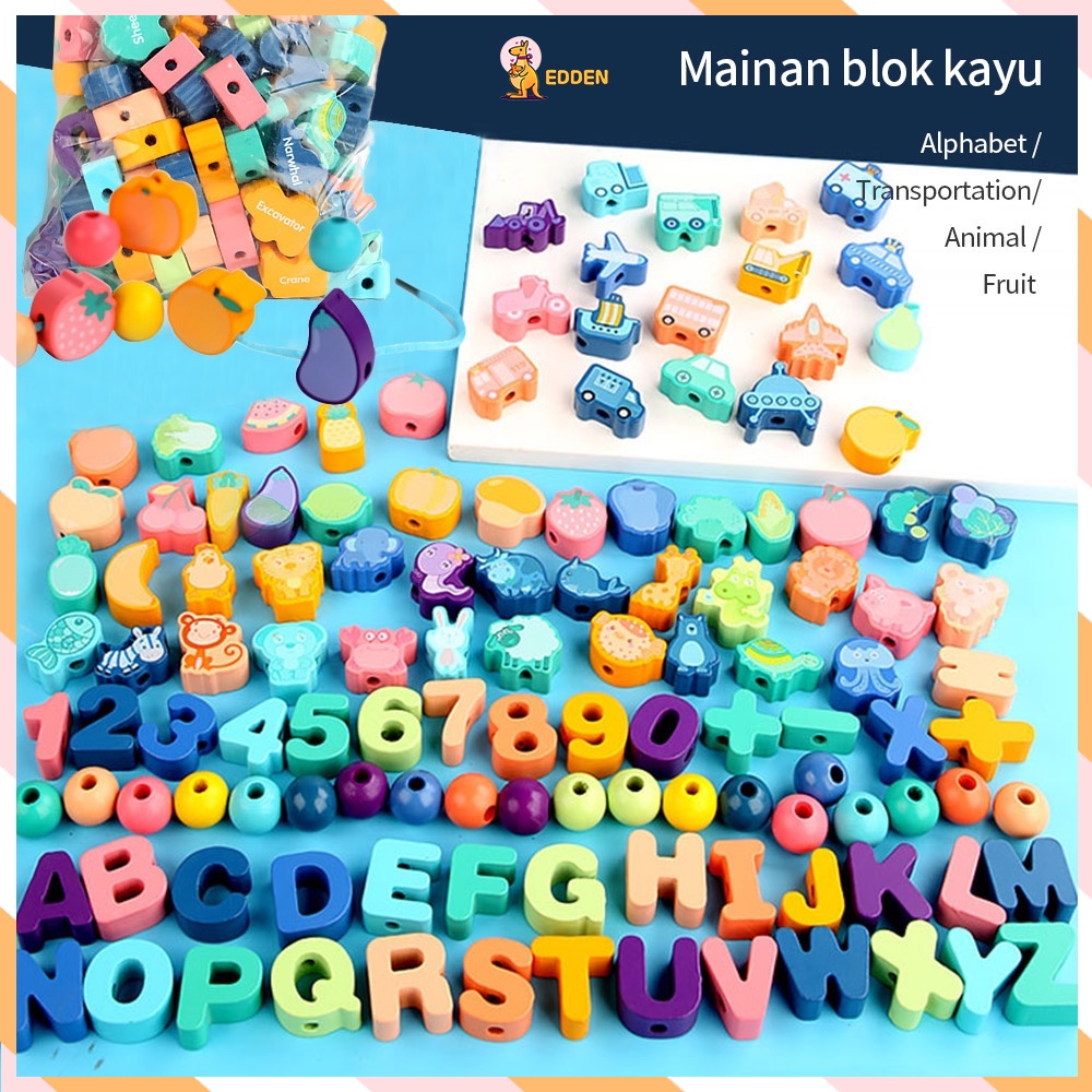 Edden Blok kayu untuk mainan anak belajar huruf dan angka mainan kayu edukasi
