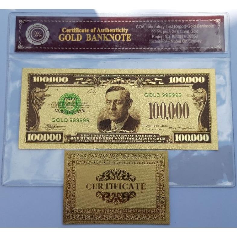 Termurah Uang Souvenir Gold Foil 100.000 Dollar America Usd Boston Lengkap Dengan Plastik Frame Coa Vyp