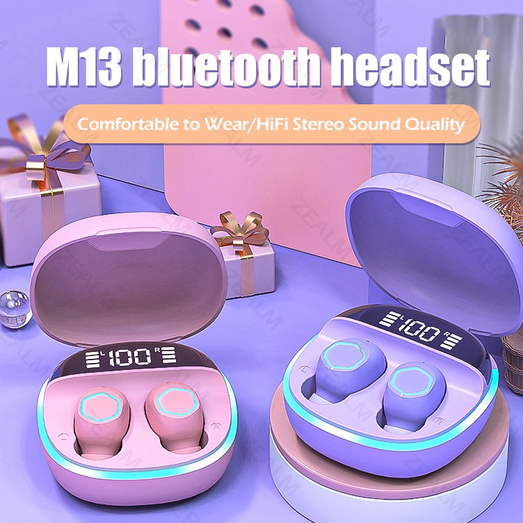 Terkini Hci M13 Macaron Headset Bluetooth TWS with Mic Breathing Light Case Led Display Screen Hands