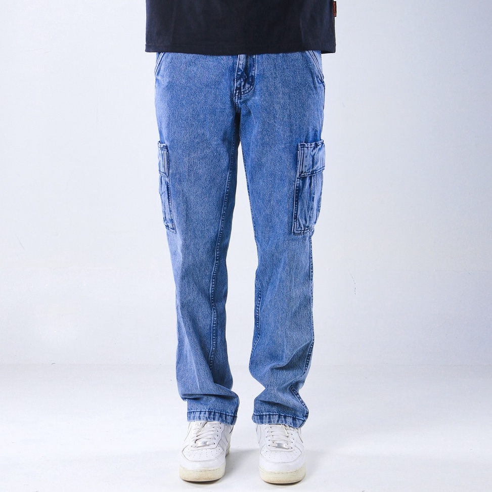 Terbaru.. Superego Celana Cargo Pants Pria Jeans Loose fit Reguler Standard Denim Washed Snow Blue S