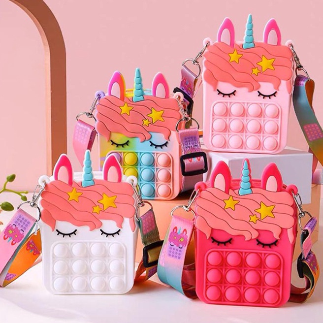 (M-P➸ご11) Tas Selempang Anak Import Jelly Pop It Unicorn Rainbow- murahh.