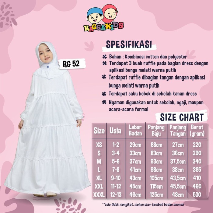 Murah gamis anak perempuan usia 2 12 tahun baju pakaian muslim anak putih 52 NON COD