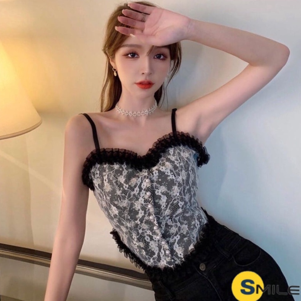 Booming.. Smile Tanktop Kamisol Renda Bunga Korean Lace Floral Tank Top Atasan Wanita Import 1131