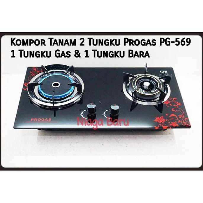 Kompor Tanam Kaca 2 Tungku Progas Pg-569 1 Tungku Gas & 1 Tungku Bara