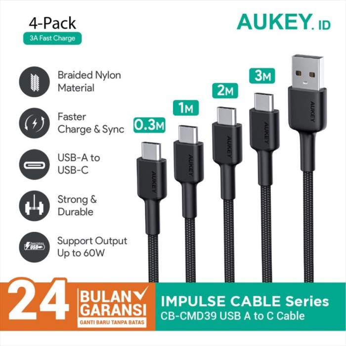 AUKEY CB-CMD39 KABEL CHARGER 30CM 1M 2M 3M USB TYPE A TO C 3A 60W PD