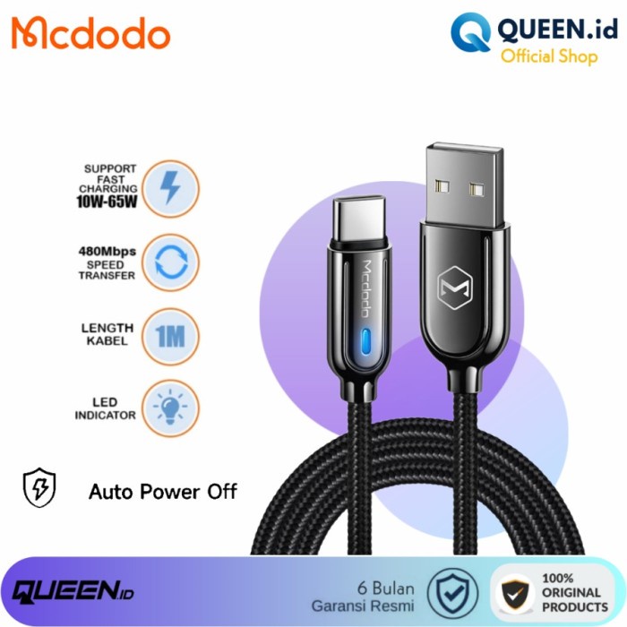 MCDODO KABEL DATA CHARGER USB TYPE C AUTO POWER OFF FAST 1M 5A CA-6190