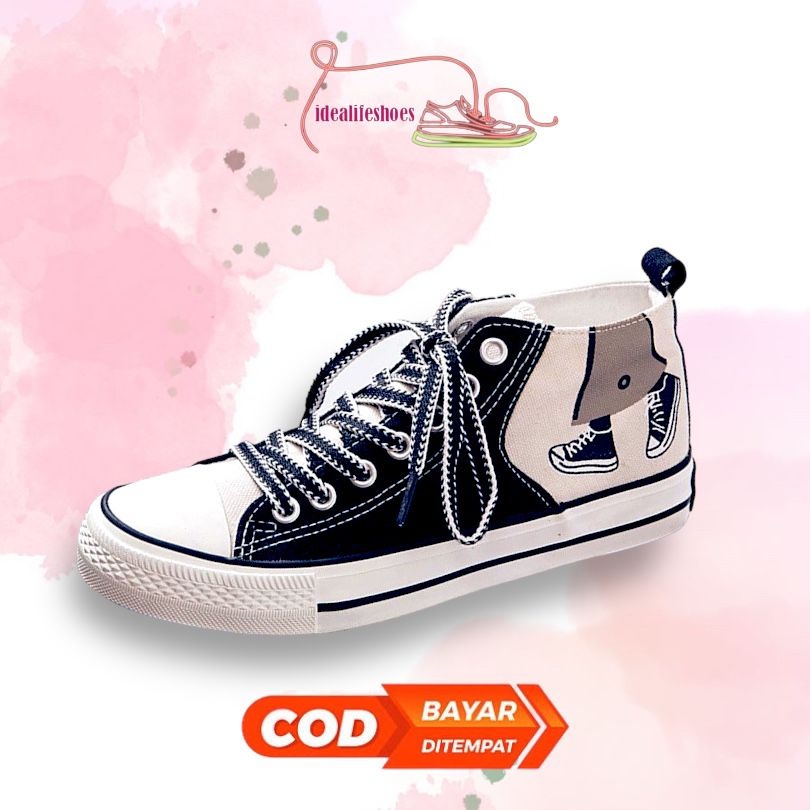 [ Pakai Dus Sepatu ] Sepatu Tali Wanita Korea Sneakers Kanvas Kekinian Motif Kaki High Trend Fashion