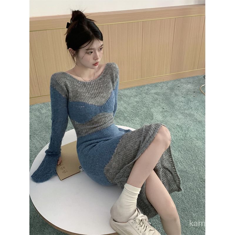 Desain gaun rajutan rajutan warna memblokir warna lengan panjang wanita rok fishtail panjang ketat s