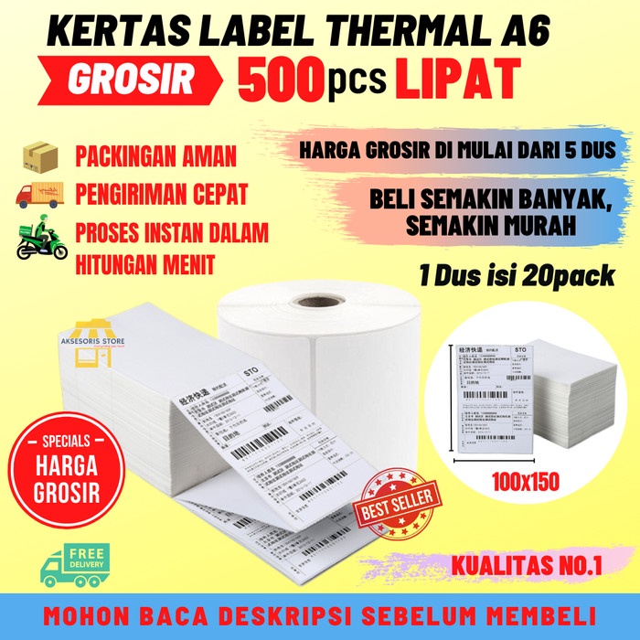 

Bestseller Kertas Thermal Label Sticker 100X150 500Pcs Barcode Ukuran A6