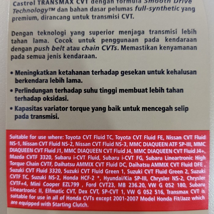 CASTROL TRANSMAX CVT/CVTF/Honda HCF2/ Nissan NS3/Mazda CVTF 3320 terbaik