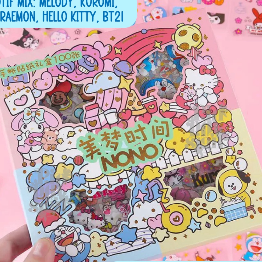 

(QごL❦/A> Sticker Nono Mix karakter BTS Doraemon Hello Kitty Kuromi Sanrio Isi 100 pcs Per Box Besar dan Mini /baanyak diminati.