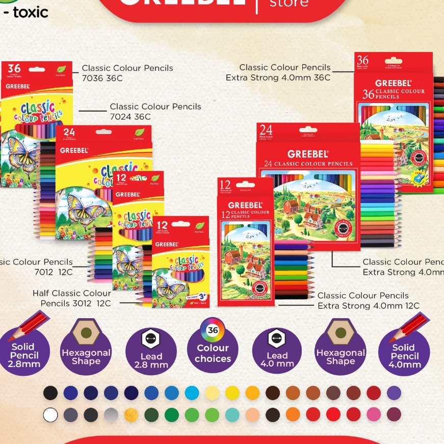 

[CQ♥.T♪> GREEBEL Pensil Warna CLASSIC COLOR PENCIL /Coloring/Color/Colour Pencils Cerah tidak beracun utk mewarnai anakpaling.lariis.!