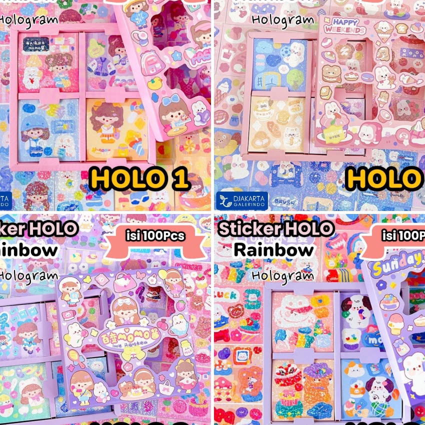 

[✓P-»VZ) Sticker MOMO Hologram Glitter Rainbow Mix Warna Original waterproof Stiker Kartun Korea Anti Air Original isi 100pcs trending.!!