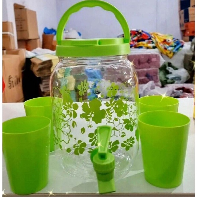 ★★ hq Drink Jar Set 5 Pcs 2.5 liter/Dispenser Mini 2.5 Liter Set Gelas - Hijau p Premium Laris.