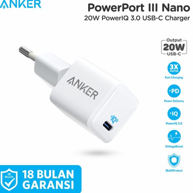 ➭ Charger Anker Type C 20W PD Adapter iPhone Android PowerPort III Nano t Promo •.
