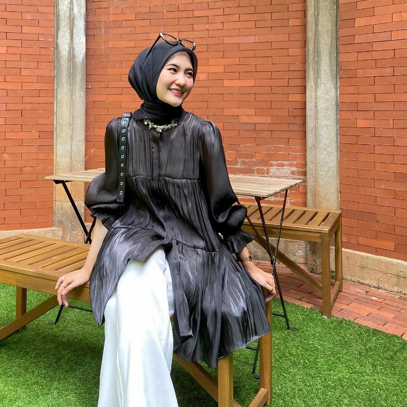 Best Seller morocco tunik shimmer warna hitam by kahlaa/ tunik shimmer/ dress shimmer/ kemeja shimme