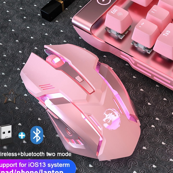 Terlaris Lucu Gaming Mouse Wireless Bluetooth Silent Click pink Rechargeable USB mos geming RGB Maou