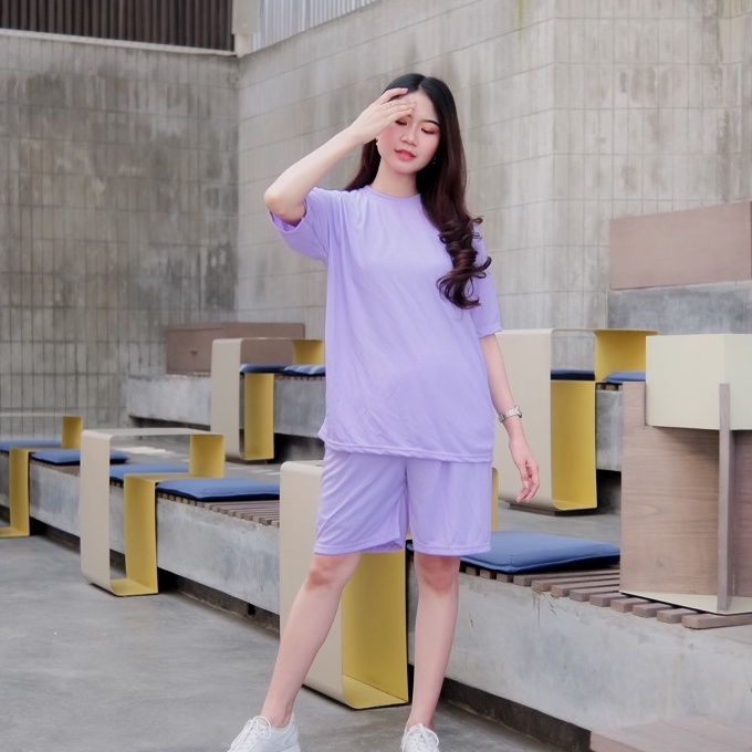 [LZ☀.B❤> Setelan Wanita Polos motif ungu/Setelan copel Import Basic Premium Bahan Import kaos Catoon