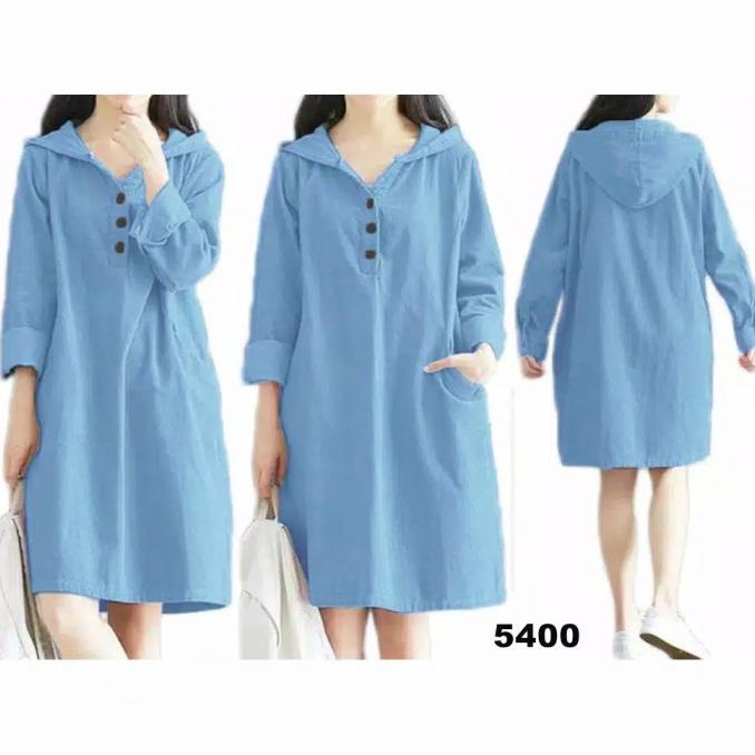 ATASAN BIRU DENIM JUMBO KATUN ADEM/BLOUSE POLOS TUNIK PANJANG LD 110