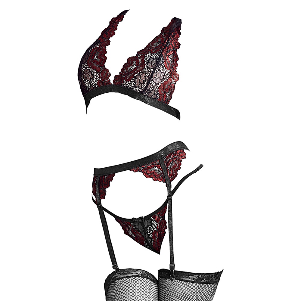 Bikini Bra Set Halterneck Hitam Merah Transparan, Garter Belt, Stocking Fishnet