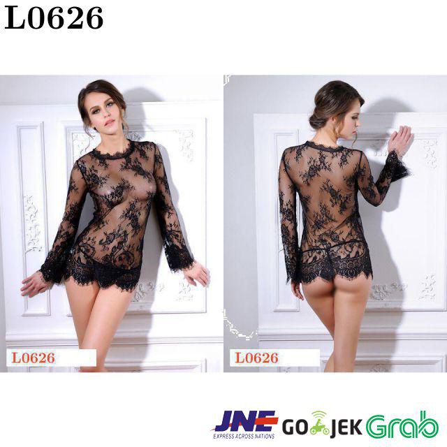 L0626  Lingerie Chemise Hitam Transparan, Lengan Panjang